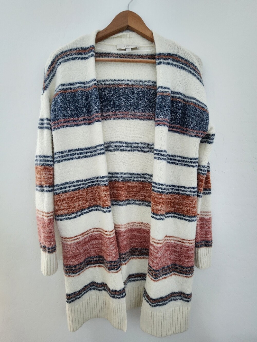 LOFT Cream Cardigan with Navy and Rust Stripes,  Small